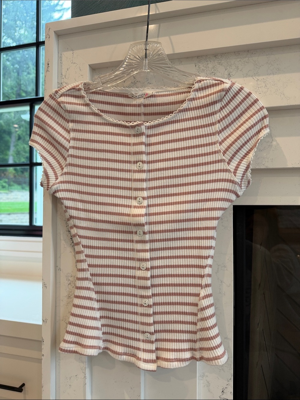 Free people Striped Button-Front Ribbed Tee in Dusty Rose and White